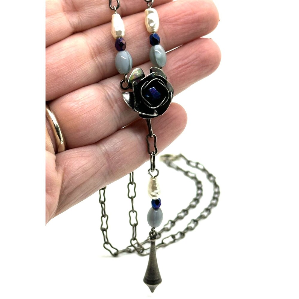 Artisan Gothic Rose Necklace Y Drop Blue Crystal Oxidized Silver Tone